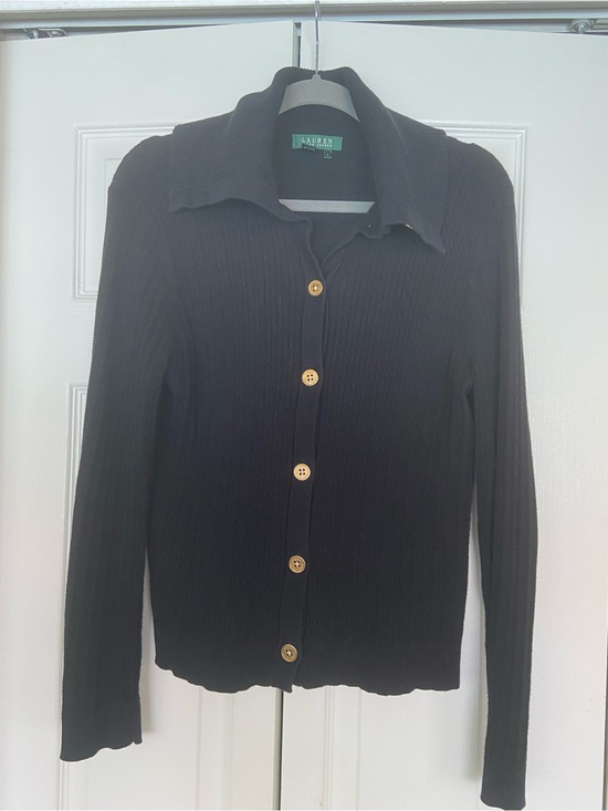 Ralph Lauren Sweaters - Ralph Lauren Black Ribbed Buttoning-Front Long Sleeve Cardigan